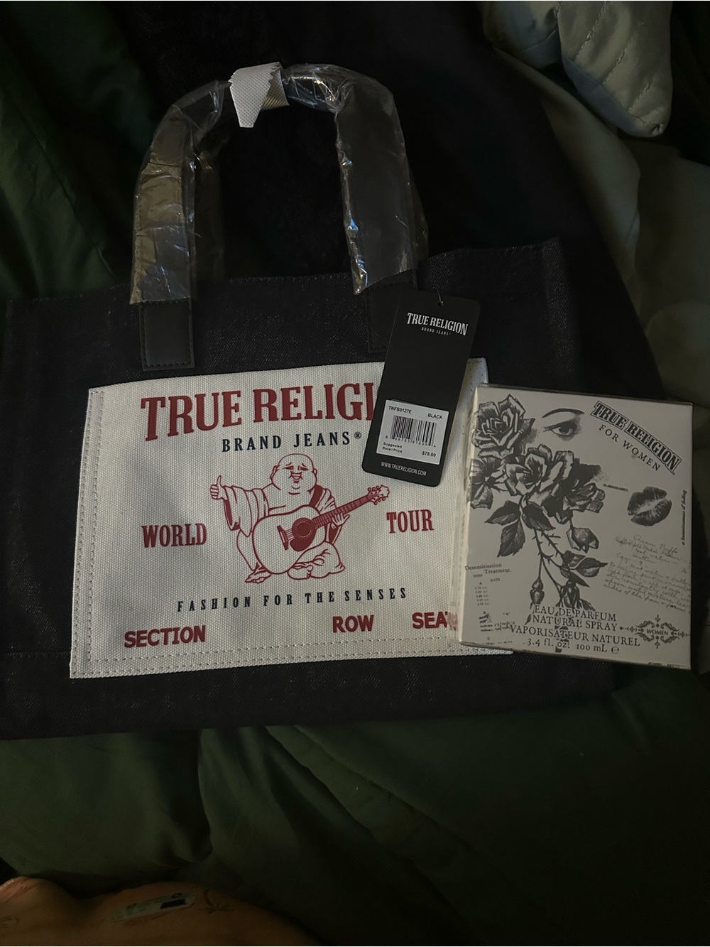 True Religion Black and White Canvas Tote with Red Logo Print and perfume